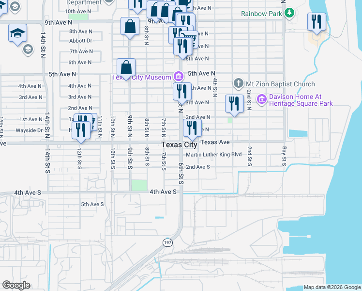 map of restaurants, bars, coffee shops, grocery stores, and more near in Texas City