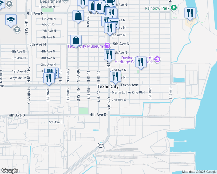map of restaurants, bars, coffee shops, grocery stores, and more near in Texas City