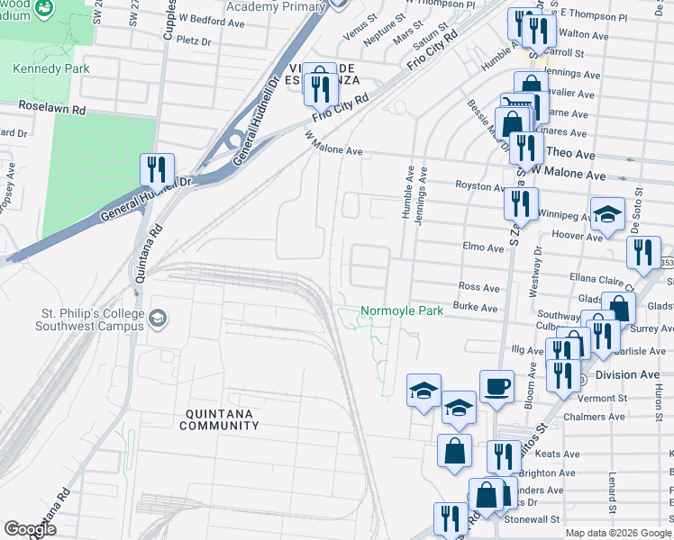 map of restaurants, bars, coffee shops, grocery stores, and more near 135 Carthage Court in San Antonio