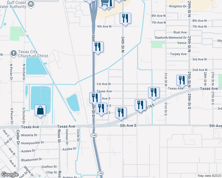 map of restaurants, bars, coffee shops, grocery stores, and more near 3436 Texas Avenue in Texas City