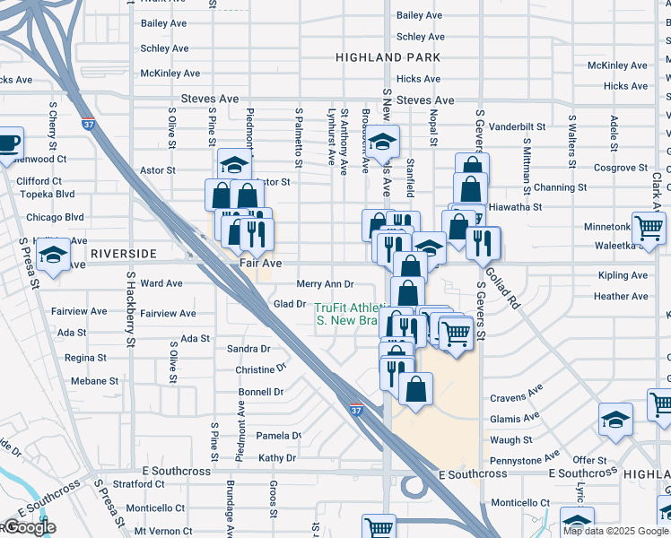 map of restaurants, bars, coffee shops, grocery stores, and more near 419 Merry Ann Drive in San Antonio