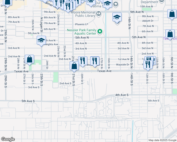 map of restaurants, bars, coffee shops, grocery stores, and more near Texas Avenue in Texas City