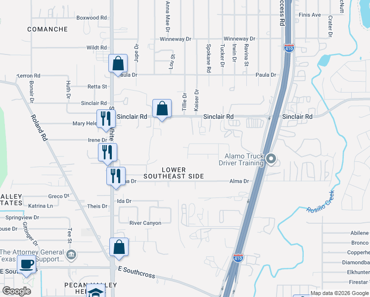 map of restaurants, bars, coffee shops, grocery stores, and more near 4694 Sinclair Road in San Antonio