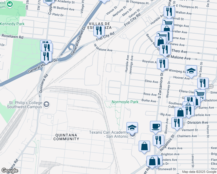 map of restaurants, bars, coffee shops, grocery stores, and more near Hughes Avenue in San Antonio