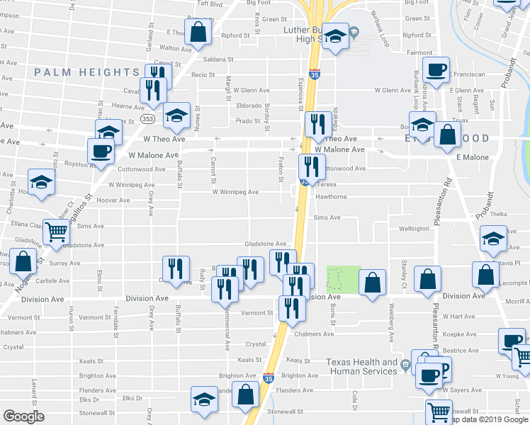 map of restaurants, bars, coffee shops, grocery stores, and more near 310 Sims Avenue in San Antonio