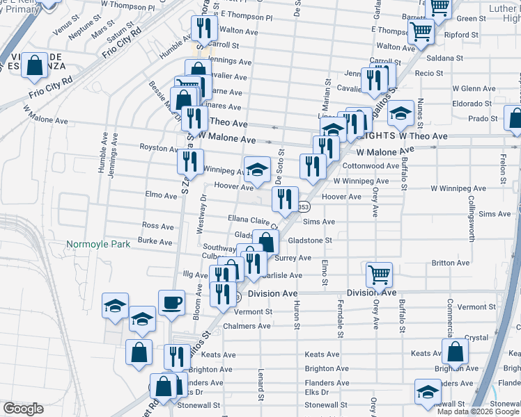 map of restaurants, bars, coffee shops, grocery stores, and more near 131 Ellana Claire Court in San Antonio