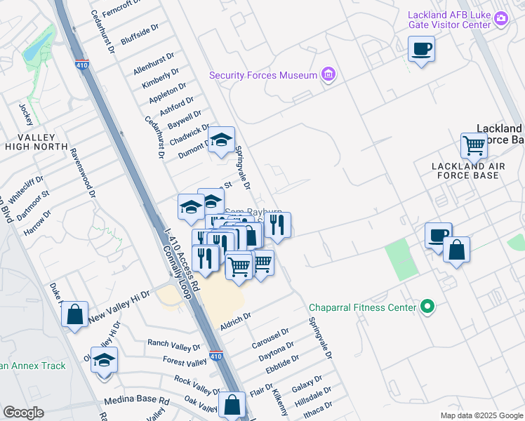 map of restaurants, bars, coffee shops, grocery stores, and more near 1310 Springvale Drive in San Antonio