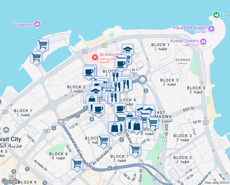 map of restaurants, bars, coffee shops, grocery stores, and more near Ahmad Al Jaber Street in Al Kuwayt