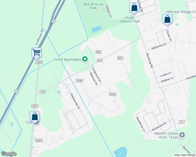 map of restaurants, bars, coffee shops, grocery stores, and more near 3703 Melrose Street in Alvin