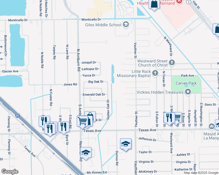 map of restaurants, bars, coffee shops, grocery stores, and more near 114 North Golden Oak Drive in Texas City