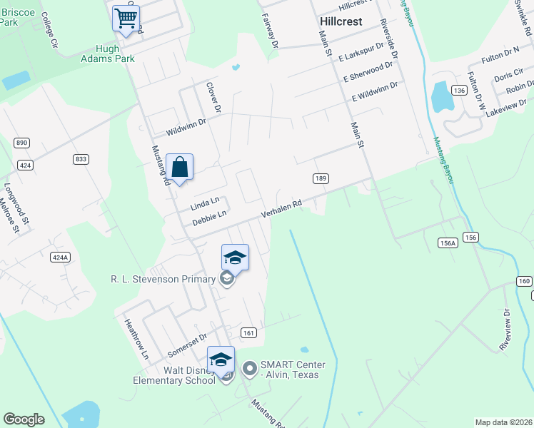 map of restaurants, bars, coffee shops, grocery stores, and more near 72 Verhalen Road in Alvin