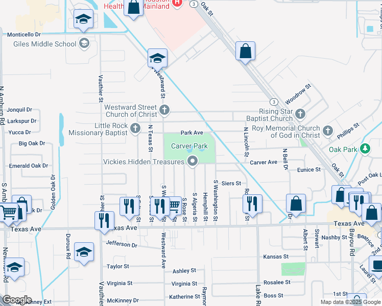 map of restaurants, bars, coffee shops, grocery stores, and more near 6415 Park Avenue in Texas City