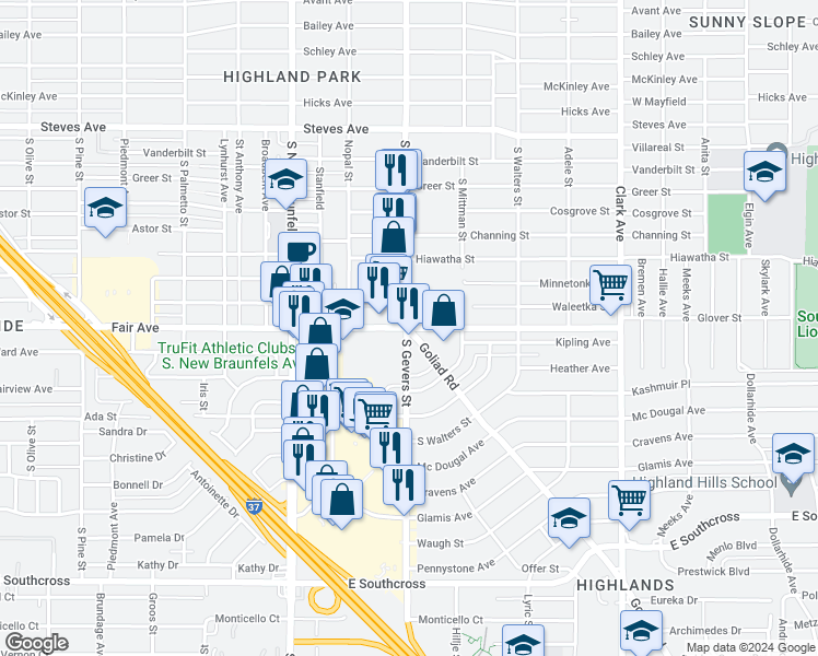 map of restaurants, bars, coffee shops, grocery stores, and more near Fair Ave & S Gevers St in San Antonio