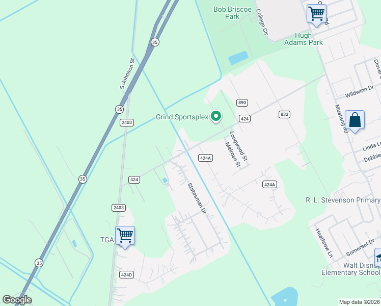 map of restaurants, bars, coffee shops, grocery stores, and more near 3526 South Meadows Street in Alvin