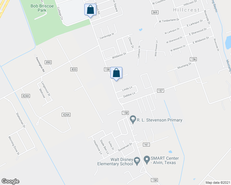 map of restaurants, bars, coffee shops, grocery stores, and more near 3592 Mustang Road in Alvin