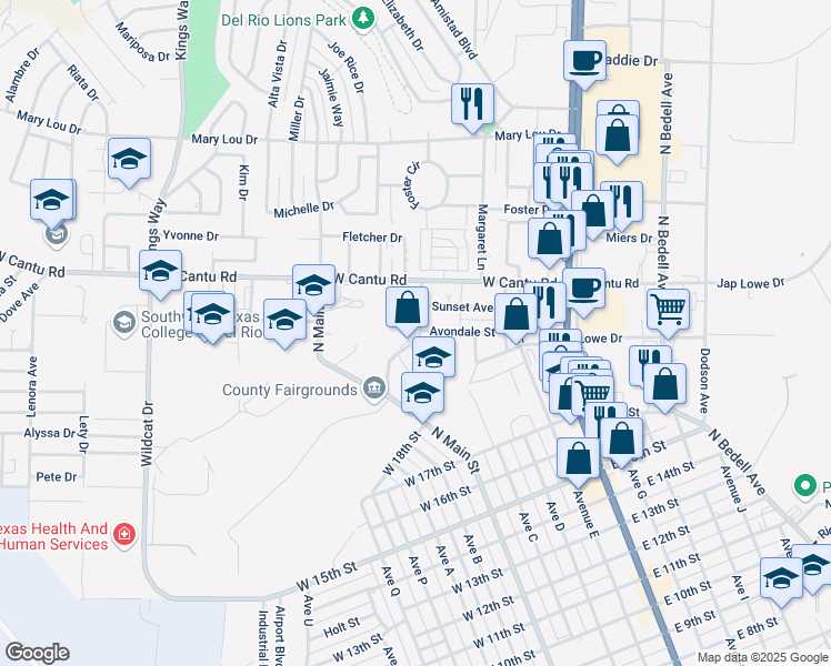 map of restaurants, bars, coffee shops, grocery stores, and more near 101-143 Laurel Ln in Del Rio