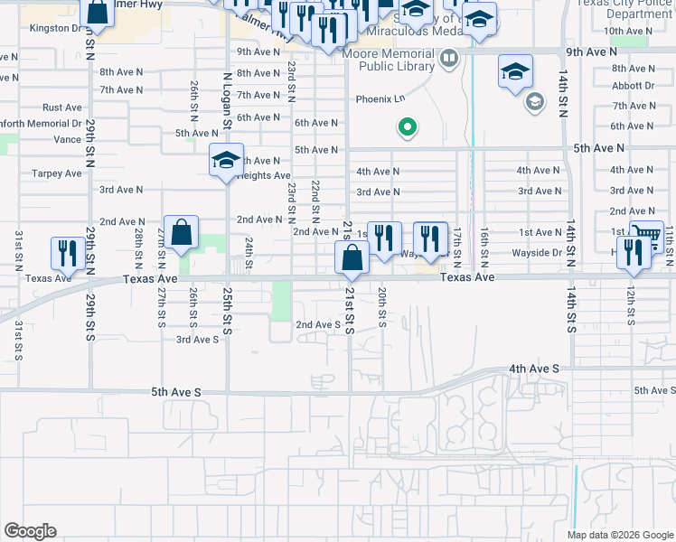 map of restaurants, bars, coffee shops, grocery stores, and more near 2121 Texas Avenue in Texas City