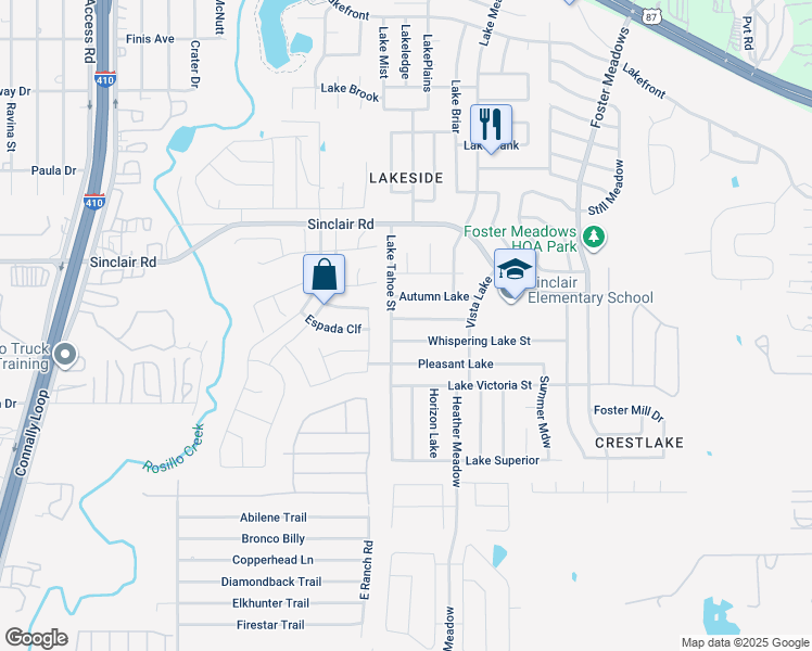 map of restaurants, bars, coffee shops, grocery stores, and more near 5906 Whispering Lake Street in San Antonio