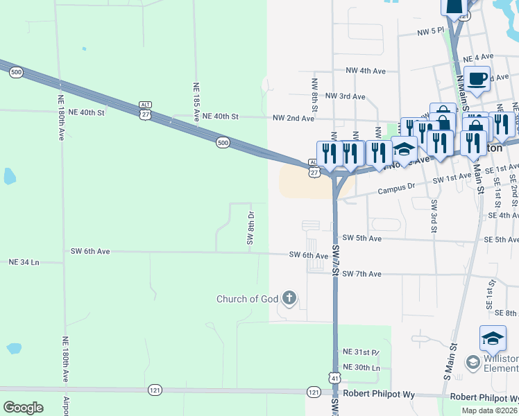 map of restaurants, bars, coffee shops, grocery stores, and more near 13 Southwest 8th Drive in Williston