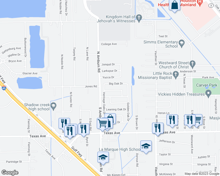 map of restaurants, bars, coffee shops, grocery stores, and more near 8002 West Red Oak Lane in Texas City