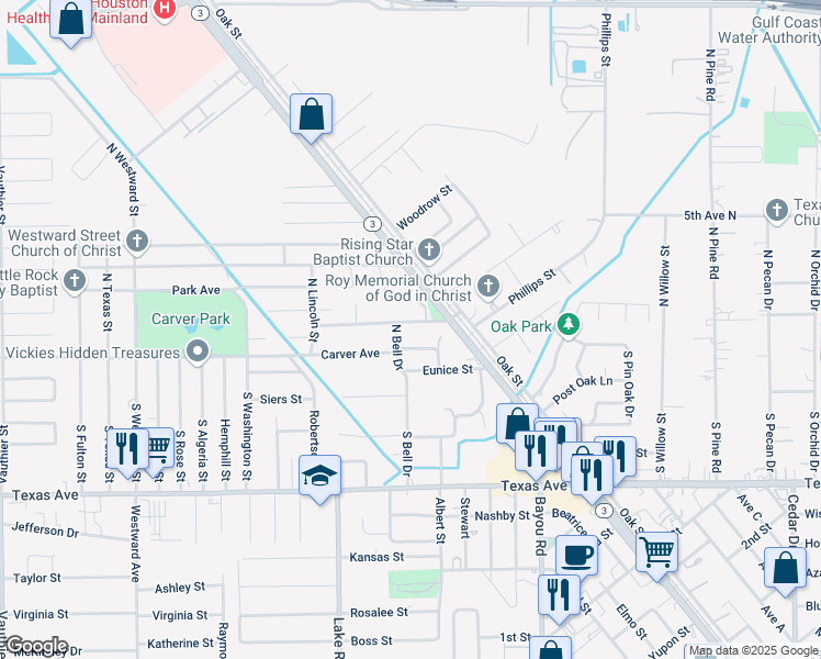 map of restaurants, bars, coffee shops, grocery stores, and more near 5813 Mentor Drive in Texas City
