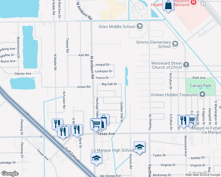 map of restaurants, bars, coffee shops, grocery stores, and more near 7906 West Red Oak Lane in Texas City