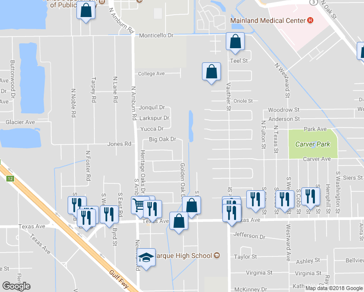 map of restaurants, bars, coffee shops, grocery stores, and more near 113 North Golden Oak Drive in Texas City