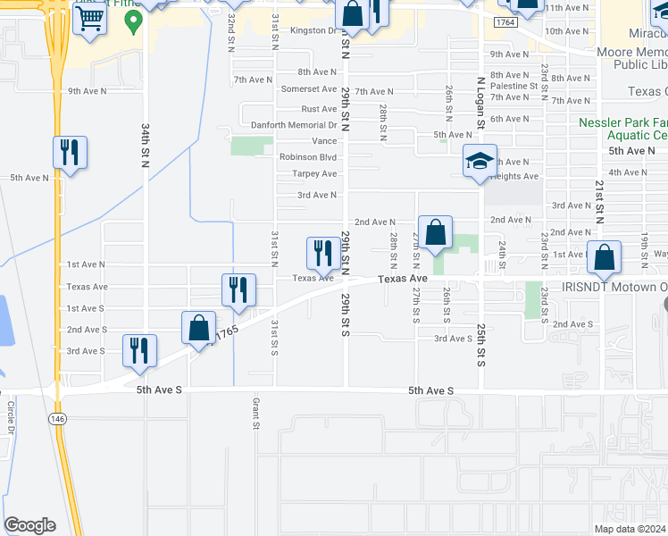 map of restaurants, bars, coffee shops, grocery stores, and more near 111 29th Street North in Texas City