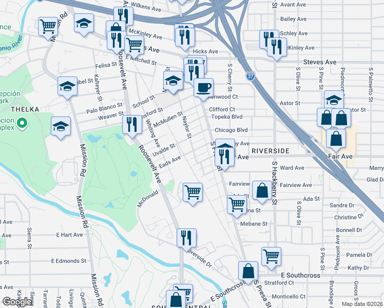 map of restaurants, bars, coffee shops, grocery stores, and more near 212 Uvalde Street in San Antonio