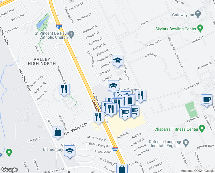 map of restaurants, bars, coffee shops, grocery stores, and more near 900 Cedarhurst Drive in San Antonio