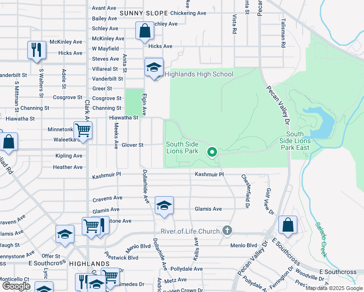 map of restaurants, bars, coffee shops, grocery stores, and more near 3100 Hiawatha Street in San Antonio