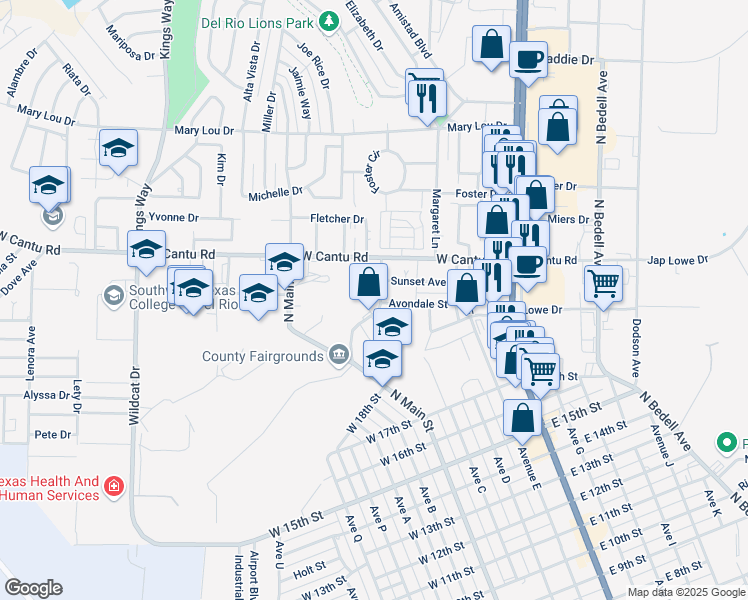 map of restaurants, bars, coffee shops, grocery stores, and more near 229-261 Western Drive in Del Rio