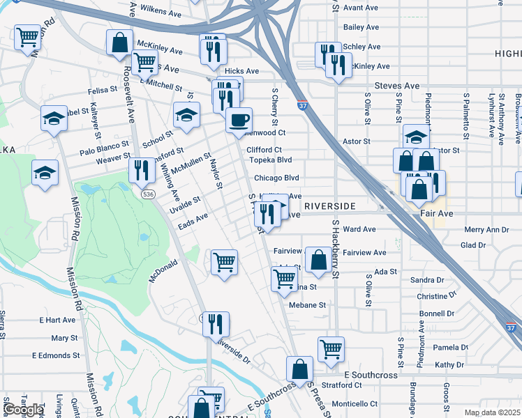 map of restaurants, bars, coffee shops, grocery stores, and more near 114 Halliday Avenue in San Antonio