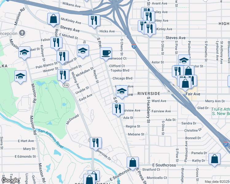 map of restaurants, bars, coffee shops, grocery stores, and more near 114 Halliday Avenue in San Antonio