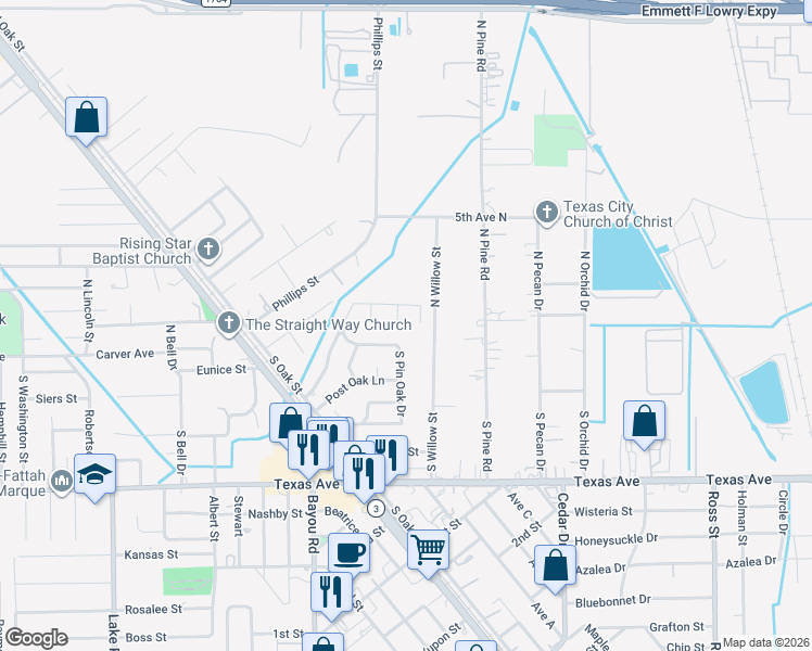 map of restaurants, bars, coffee shops, grocery stores, and more near 4921 Shady Oak in Texas City