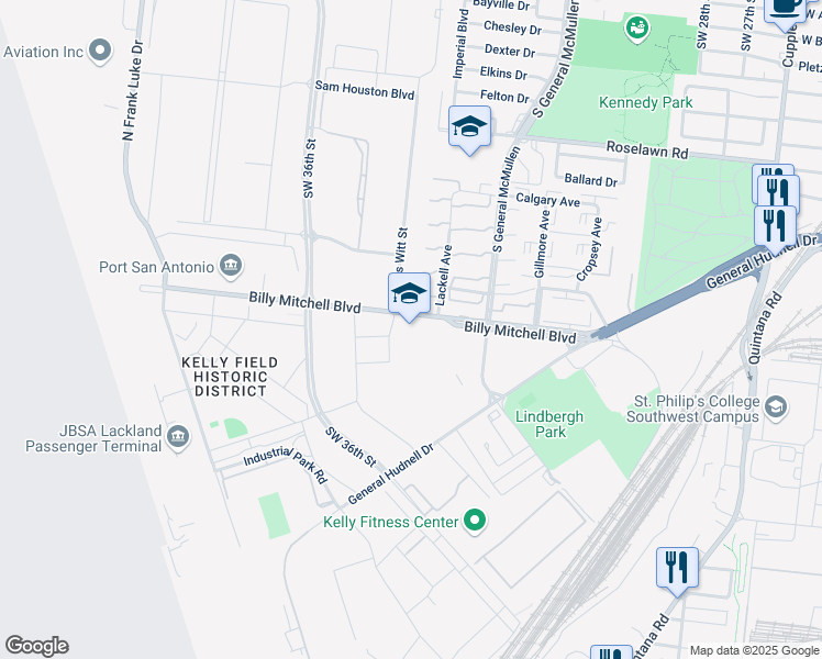 map of restaurants, bars, coffee shops, grocery stores, and more near 522 Billy Mitchell Boulevard in San Antonio
