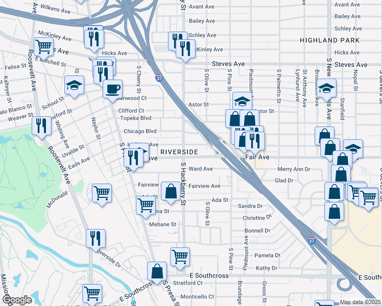 map of restaurants, bars, coffee shops, grocery stores, and more near in San Antonio