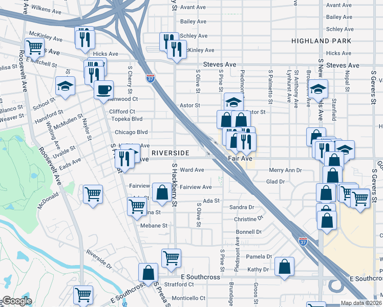 map of restaurants, bars, coffee shops, grocery stores, and more near 434 Halliday Avenue in San Antonio