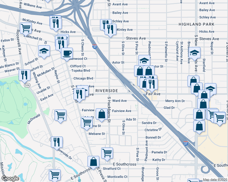 map of restaurants, bars, coffee shops, grocery stores, and more near in San Antonio