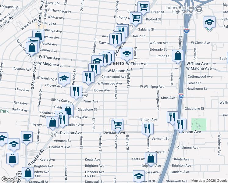 map of restaurants, bars, coffee shops, grocery stores, and more near 139 Hoover Avenue in San Antonio