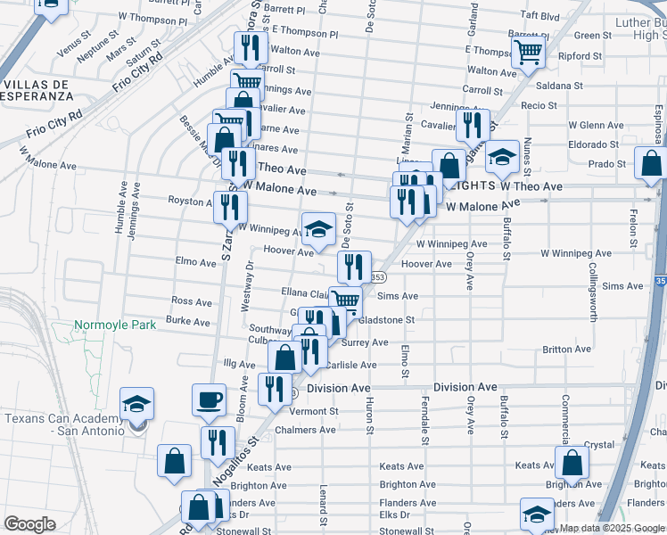map of restaurants, bars, coffee shops, grocery stores, and more near 435 Hoover Avenue in San Antonio