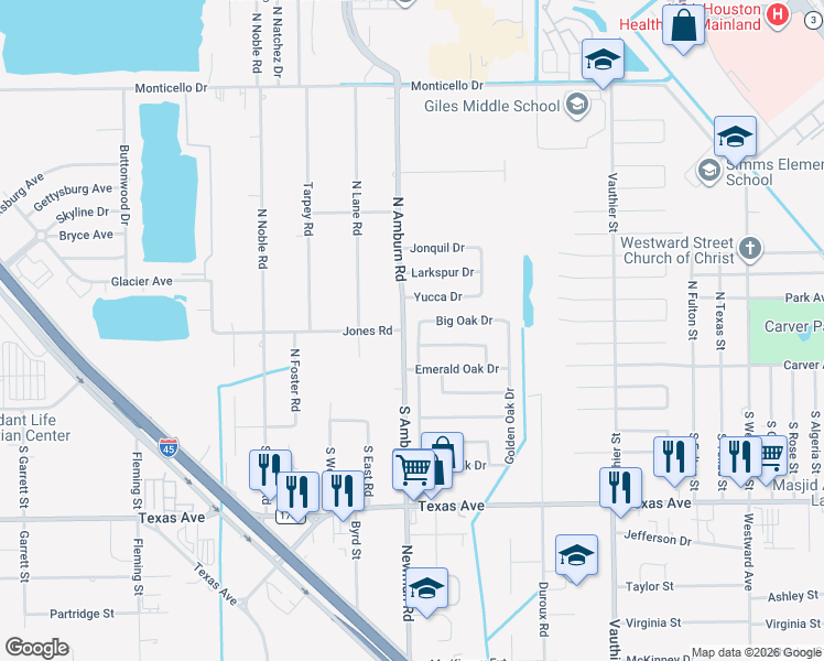 map of restaurants, bars, coffee shops, grocery stores, and more near 121 Heritage Oaks Drive in Texas City