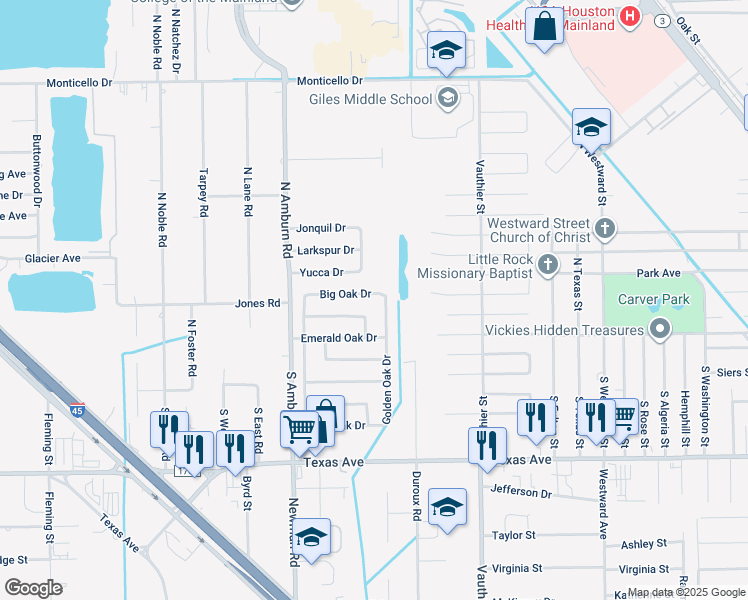 map of restaurants, bars, coffee shops, grocery stores, and more near 7809 Big Oak Drive in Texas City