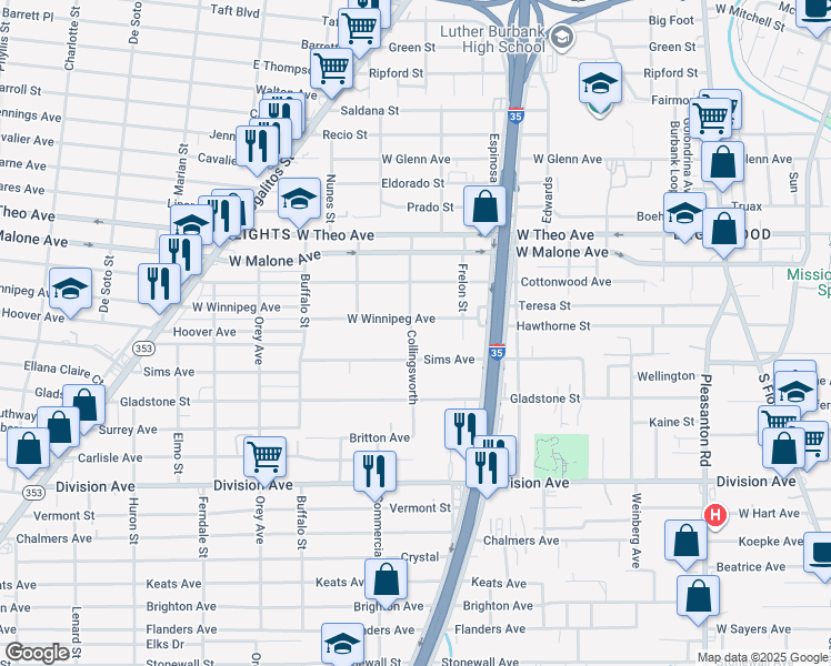 map of restaurants, bars, coffee shops, grocery stores, and more near 736 West Winnipeg Avenue in San Antonio