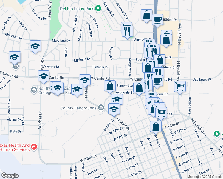 map of restaurants, bars, coffee shops, grocery stores, and more near 229-261 Western Drive in Del Rio