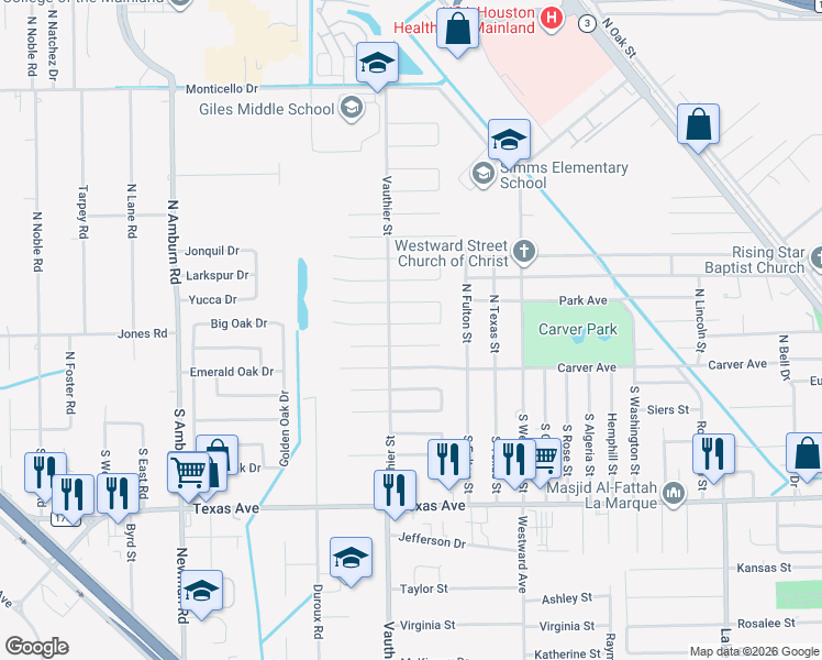 map of restaurants, bars, coffee shops, grocery stores, and more near 7302 Mallard Drive in Texas City
