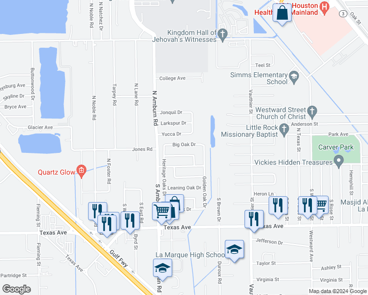 map of restaurants, bars, coffee shops, grocery stores, and more near 7909 Big Oak Drive in Texas City