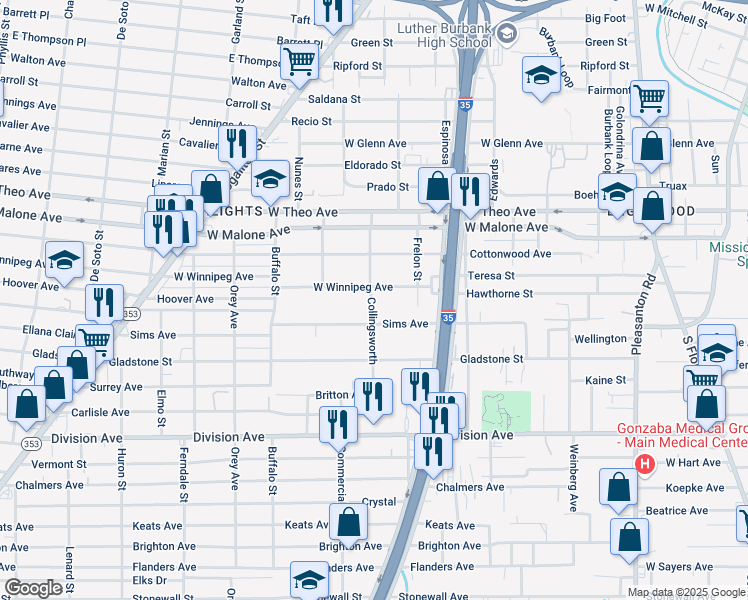 map of restaurants, bars, coffee shops, grocery stores, and more near 736 West Winnipeg Avenue in San Antonio