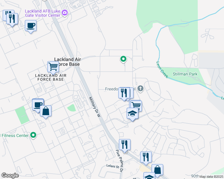 map of restaurants, bars, coffee shops, grocery stores, and more near 2201-2211 McChord Street in Lackland AFB