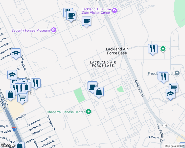 map of restaurants, bars, coffee shops, grocery stores, and more near Hughes Ave in San Antonio